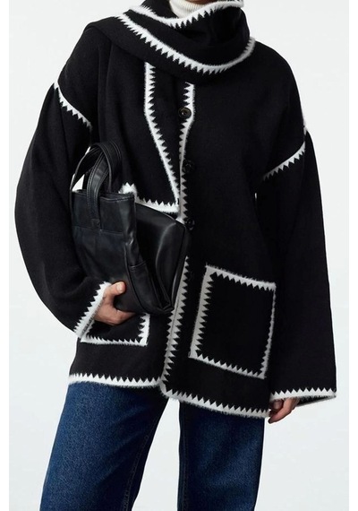Ersefa Kadın Modern Tarz Oversize Bisiklet Yaka Midi Triko Hırka Siyah