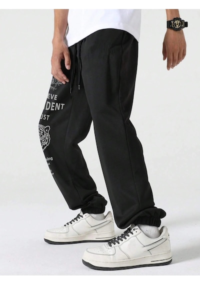 Hypemode Letter Tiger & Floral Graphic Drawstring Waist Eşofman Altı Siyah