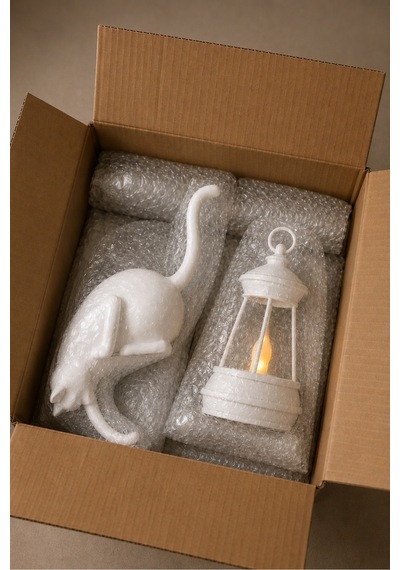 Dekoratif Kedi Raf Süsü Ve Led Fener Seti 24cm Modern Masa & Duvar Dekoru Beyaz
