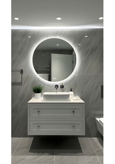 Digital Hayat Buğu Çözücü Dokunmatik Dimlenebilir Yuvarlak Ayna Beyaz Işıklı Led Dekoratif Banyo Makyaj Aynası Beyaz
