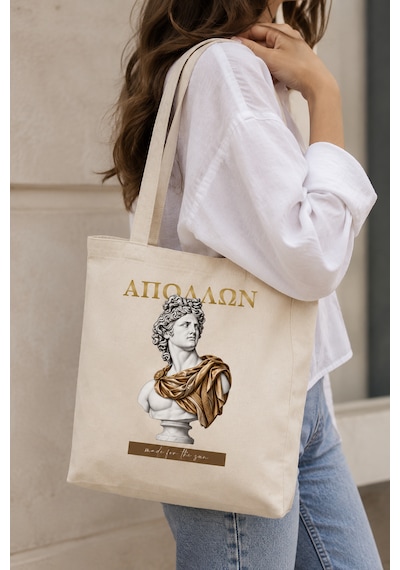 Lunora Collection Apollo Made For The Sun Baskılı Körüklü Kanvas Bez Çanta Ham Renk