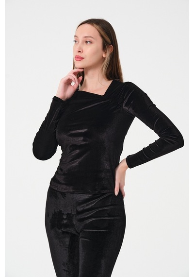 Mois Atelier Siyah Kadife Büzgülü Bluz Tasarım Büyük Beden Bayramlık
