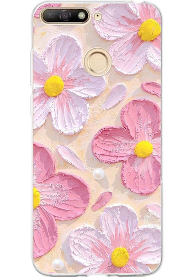 Huawei Y6 2018 - Honor 7a Uyumlu Pembe Beyaz Çiçekler Sulu Boya Baskılı Silikon Kılıf Renkli