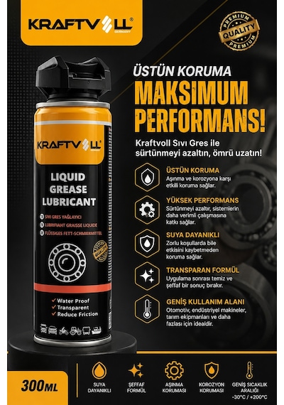 Kraftvoll 17042013 Sıvı Gres Yağlayıcı 300 ML Universal Tüm Ağır Vasıta Binek Araç ve Endüstriyel Mekanizmalar ile Uyumlu Kraftvoll 17042013 Sıvı Gres Yağlayıcı 300 ML Universal Tüm Ağır Vasıta Binek Araç ve Endüstriyel Mekanizmalar ile Uyumlu