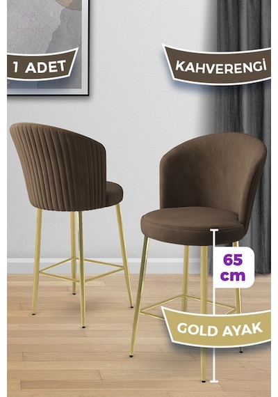 Canisa Alte Serisi 1 Adet Babyface Kumaş 65 Cm Gold Kaplama Ayaklı Kahverengi Bar Sandalyesi Kahverengi Sandalye Gold Kaplama Ayak