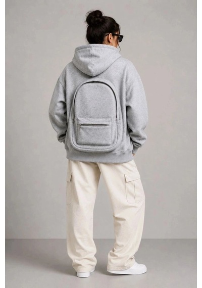 Freedom Storee Kadın 3 İplik Şardonlu Tam Fermuarlı Kapüşonlu Arka Çanta Detaylı Sweatshirt - Gri Çok Renkli