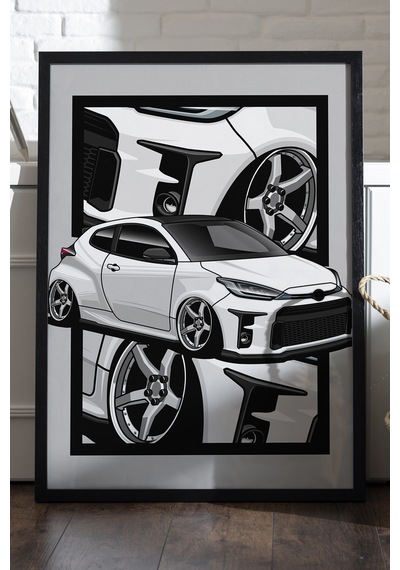 Toyota Gr Yaris Siyah Ahşap Çerçeveli Poster, Dekoratif Araba Duvar Tablosu