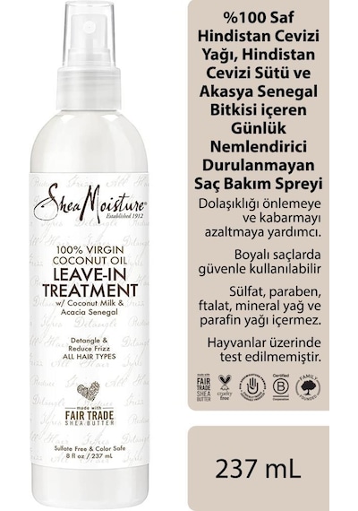 Shea Moisture %100 Saf Hindistan Cevizi Yağlı Günlük Nemlendirici Durulanmayan Saç Bakım Spreyi 237ML