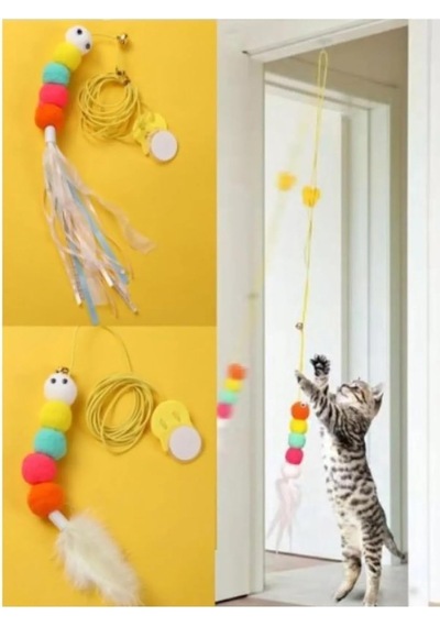 Patibon Kedi Oyuncağı Tüylü Renkli Ponpon 2m İpli