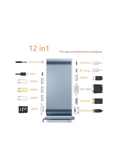 Usb C To Hdtv + Vga + 7 Ports Hub + Sd/tf Readcarder Sb C Hub Dizüstü Bilgisayar Bağlantı İstasyonu, Vga İle 12'si 1 Arada Dock, Hdmı 4k, 100mbps Ethernet, 3 X Usb-a 3.0 Ve 100w Usb- Zr773