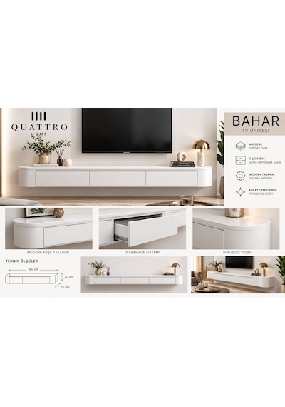 Bahar Duvara Monte Tv Ünitesi 180 Cm 3 Çekmeceli Modern Beyaz Tv Sehpası