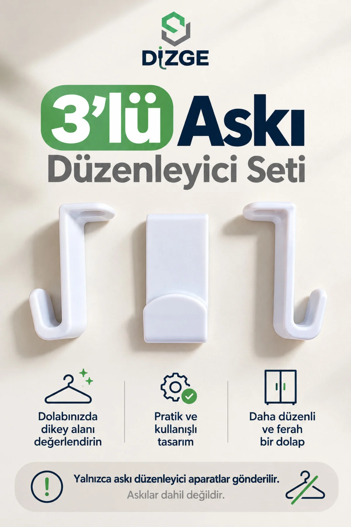 3'lü Askı Düzenleyici Aparat Seti Dolap İçi Yer Tasarrufu Sağlayan Askı Birleştirici Beyaz