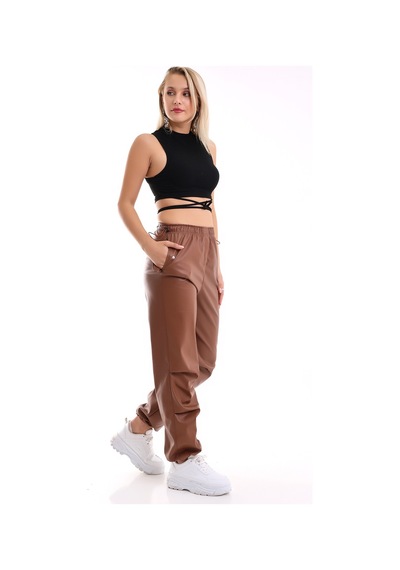 Winmoda34 Kadın Paçası Ayarlanabilir Cebi Kapaklı Yüksek Bel Deri Pantolon kahve