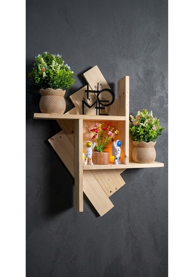 Dekoratif Ahşap Duvar Rafı 60x50x10 Cm - Çift Taraflı Bantlı Montaja Hazır - Vidasız Duvar Kitaplığı Bej