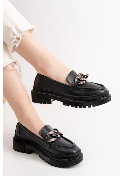 Asmi Shoes Kadın Somo Siyah Cilt Kalın Tokalı Loafer Ayakkabı Siyah Siyah