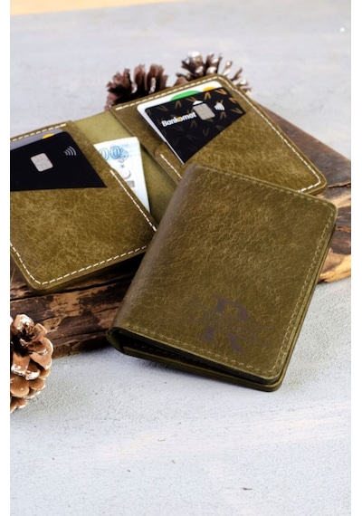 Quska Kişiye Özel İsimli El Yapımı Hakiki Deri Yeşil Cüzdan Tip Kartlık+anahtarlık Set- Grain Slim Yeşil