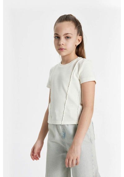 Defacto Kız Çocuk Slim Fit Bisiklet Yaka Ribana Kısa Kollu Tişört C0104A824SMER136 Ekru