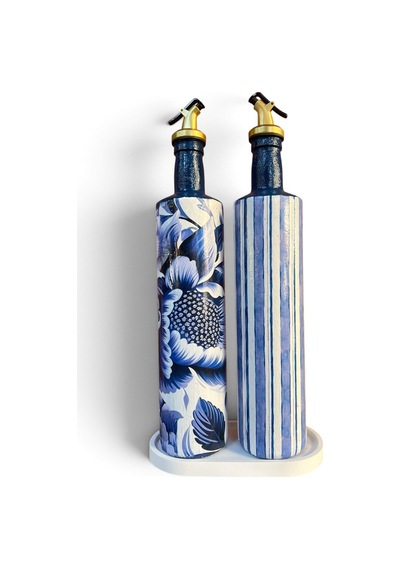 750 Ml Büyük Boy El Yapımı Cam Yağdanlık Sirkelik 2'li Set Çiçek Desenli Ve Çizgili Dekoratif Zeyt Lacivert Ve Beyaz