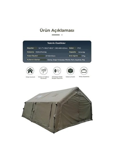 Tr 17 Kişilik 17.2 M² 4 Mevsim, Su Geçirmez 420d Oxford Kumaşlı Şişme Çadır 360 480 220cm Diğer