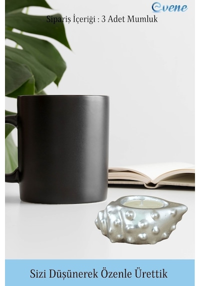 Mumluk Şamdan 3 Adet Tealight Uyumlu Deniz Kabuğu Mum Model - Gümüş
