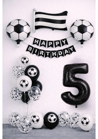 Siyah Beyaz Futbol Temalı 5 Yaş Doğum Günü Balon Seti Beyaz - Siyah