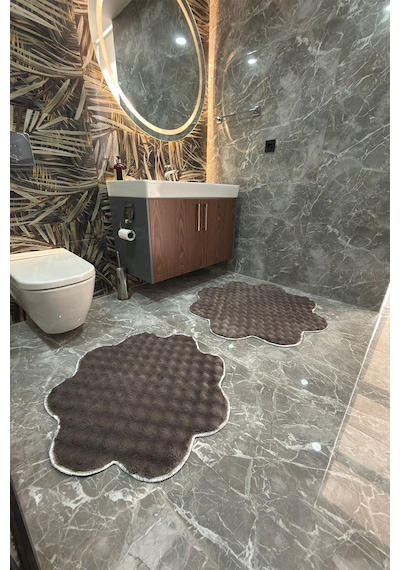 Bubble Papatya Banyo Paspası 2'li Set Pofuduk Yumuşak Peluş Kaymaz Taban Dekoratif Banyo Halısı Antrasit