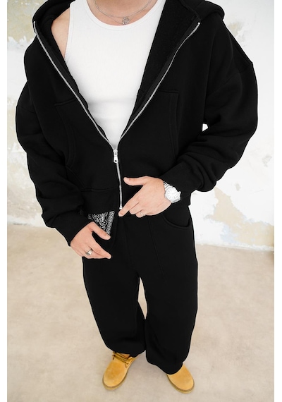 Siyah Cozy Basic Tam Fermuar Oversize Sweatshirt Siyah