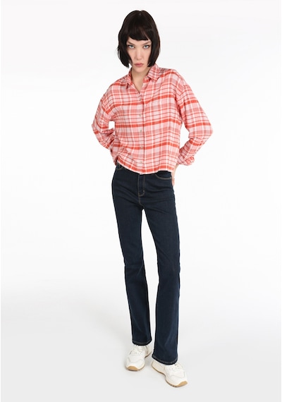 Colin's Colins Regular Fit Kareli Crop Turuncu Kadın Uzun Kol Gömlek Cl1065059 Lıght Orange Turuncu