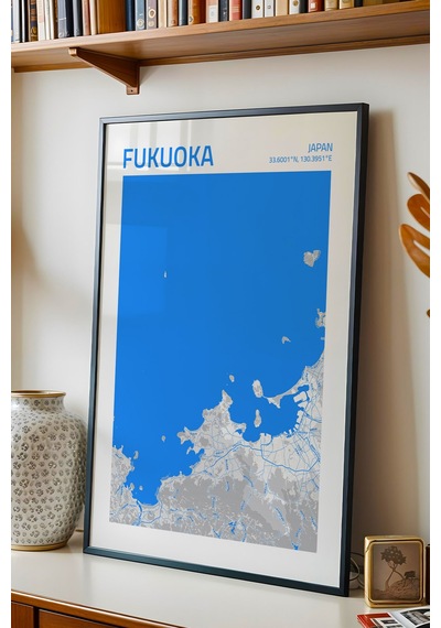 Fukuoka Japonya Japan Haritası Çerçeveli Tablo Lüks Salon Ofis Duvar Dekorasyonu Hediyelik Tablo