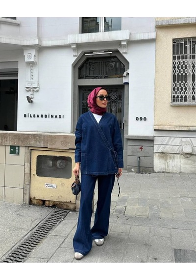 Molly Nelly Kadın Lacivert Kot Pantolon Bağcık Detaylı Bluz Takım Lacivert