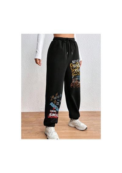 Tarzsokak Cartoon & Graphic Drawstring Waist 4 Mevsim Eşofman Siyah