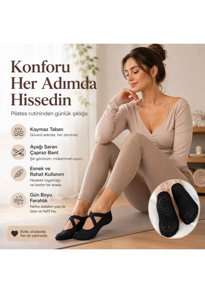 Elitse Kaymaz Tabanlı Kadın Balerin Tasarımlı Yoga Pilates Çorabı Çapraz Bantlı Spor Çorap Hac Umre Çorabı Siyah