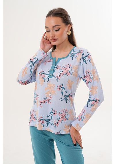 Çift Kaplan Kadın Pamuk Modal Çiçekli Açık Patlı Mavi Pijama Takımı 7001 Mavi