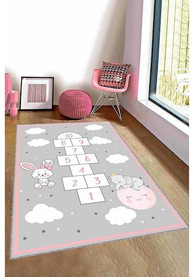 Gri Kaymaz Tabanlı Seksekli Oyun Halısı Çocuk Halısı Ar1344n11