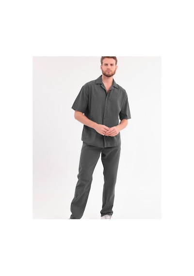 Erkek Siyah Keten Takım Oversize Gömlek & Pantolon 2'li Set Bağcıklı Rahat Yazlık Kombin Haki