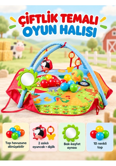 Çiftlik Temalı 10 Toplu Bebek Oyun Halısı Askılı Oyuncaklı Yumuşak Canlı Renkli Eğitici Oyun Halısı