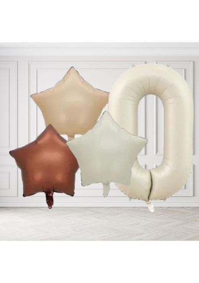 0 Yaş Retro Krem Bej Kahverengi Yıldız Folyo Balon Seti Krem Rakamlı Doğum Günü Şık Parti Süsleme Çok Renkli