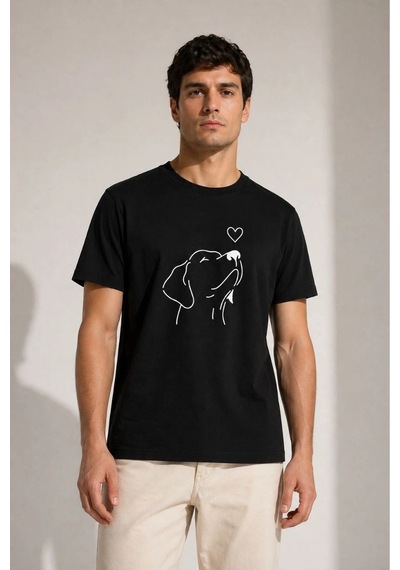 Erkek Köpek Figürlü Minimal Baskılı Tişört Kısa Kol Yazlık T-shirt - Siyah