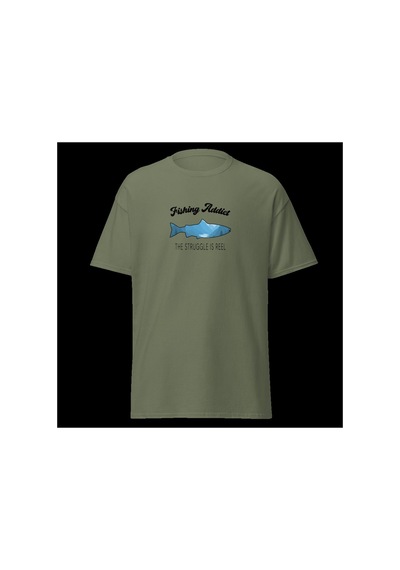 Wildstyle Fishing Addict Struggle Is Reel Balıkçılık Esprili Baskılı Unisex Bisiklet Yaka Pamuklu Tişört Haki