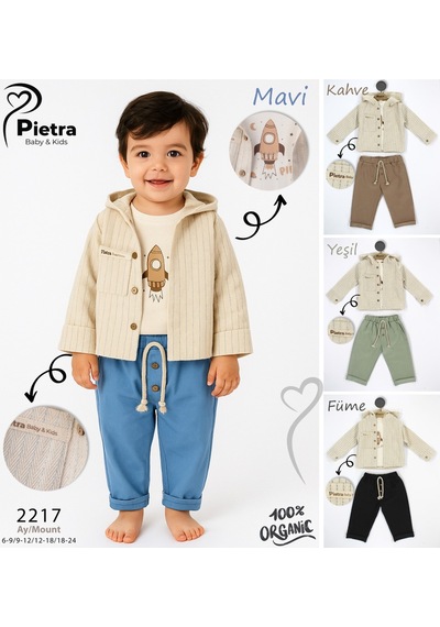 Babyhola Erkek Bebek Bayramlık Takım Roket Baskılı Kapüşonlu Üçlü Set 2217 Yeşil
