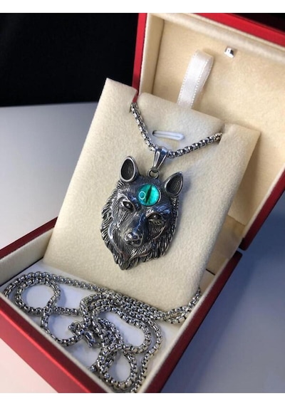 Viking Fenrir Kurt Başı Erkek Çelik Kolye Işıklı Kutuda Sevgiliye Eşe Babaya Hediye Kolye Beyaz