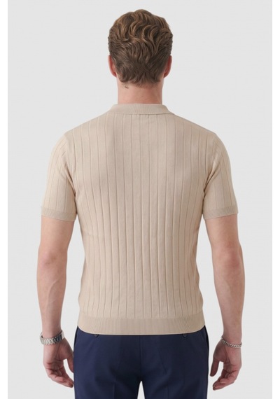Deepsea Erkek Bej Polo Yaka Fermuarlı Çizgi Dokulu Regular Fit Likralı Triko Tişört 2608008