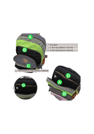 5017 Mor Neon Yeşil Sırt Okul Seyahat 15.6 Laptop Günlük Çanta