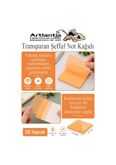 Beyaz Yapışkanlı Şeffaf Not Kağıdı 50 Yaprak 3 Paket Kare Transparan Postit 75x75 Mm Yarı Saydam İşaretleyici Aydınger