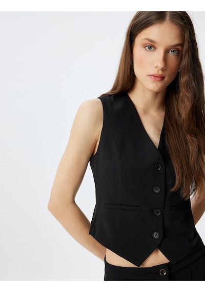 Koton Blazer Ceket Düğmeli V Yaka Slim Fit Krep Scuba Kumaş Siyah 5wak10173ek Siyah