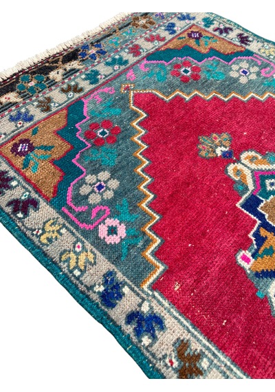 El Dokuma Eskitme Karabağ Halısı 55x115 Kırmızı Yeşil Yastık Kırmızı