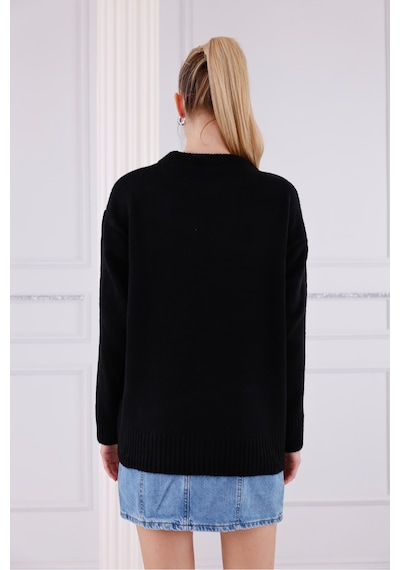 Qscob Bisiklet Yaka Oversize Basic Triko Kazak Siyah