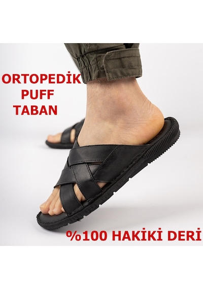Ispartalılar 034 Tam Ortopedik Taban Günlük Hakiki Deri Erkek Terlik Deri Terlik Siyah