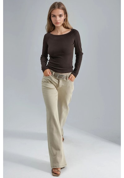 Hiccup Busem Slim Fit Fitilli Kayık Yaka Bluz Kahve Kahvesi