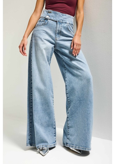 Itsbasic Kadın Ice 4s6-3 Süper Palazzo Kemer Detaylı Komfort Kumaş Denim Jean Buz Mavi
